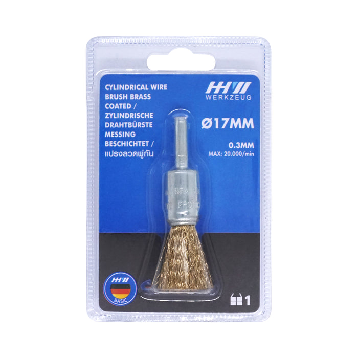 HHW แปรงลวดพู่กัน ไซส์ 17 มม. Cylindrical wire brush brass coated 17 mm.