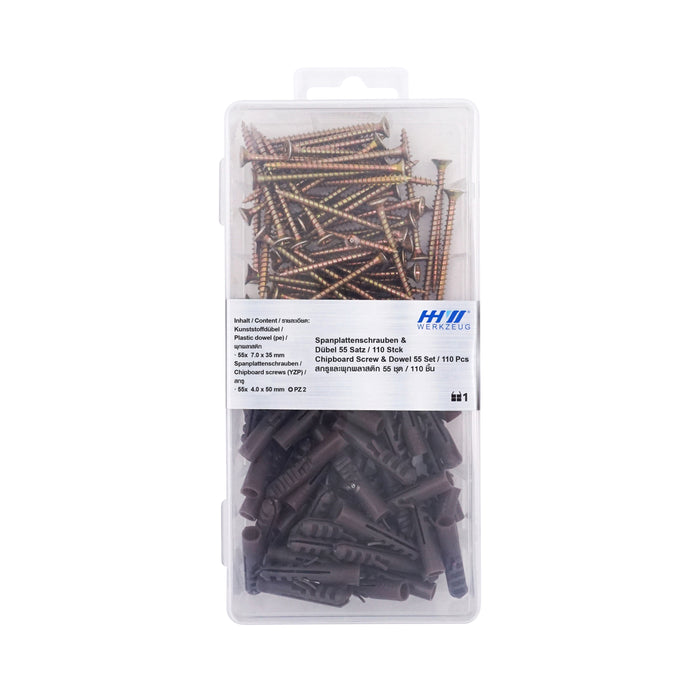 HHW สกรูและพุกพลาสติก 55 ชุด / 110 ชิ้น Chipboard screw & dowel 55 set / 110 pcs