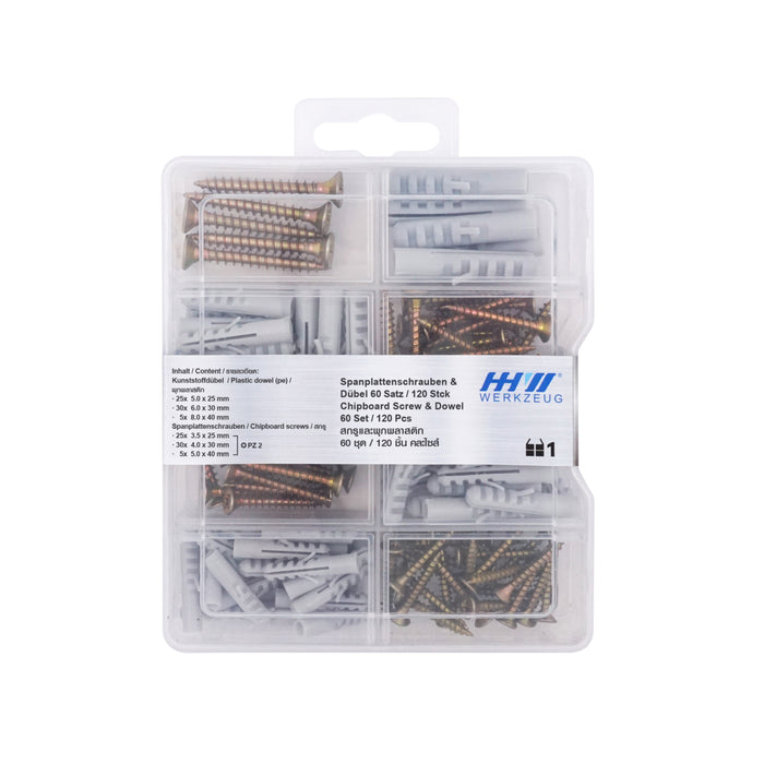 HHW สกรูและพุกพลาสติก 60 ชุด / 120 ชิ้น Chipboard screw & dowel 60 set / 120 pcs