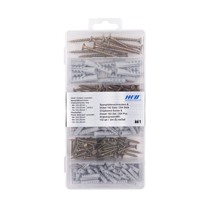 HHW สกรูและพุกพลาสติก 102 ชุด / 204 ชิ้น Chipboard screw & dowel 102 set / 204 pcs