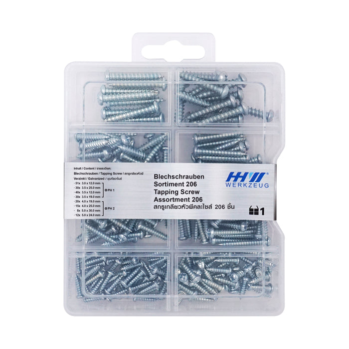 HHW สกรูเกลียวหัวพีคละไซส์ 206 ชิ้น Tapping screw assortment 206